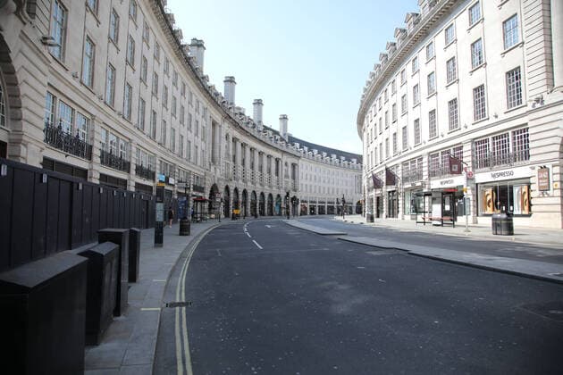 Day Nineteen of Lockdown in London. Regents Street at 1.00pm in an almost deserted London on Easter Saturday. It is the first public holiday of the year, and many people enjoy the long weekend by going out and about or on holiday, but this year the country is on lockdown due to the COVID-19 Coronavirus pandemic. People are not allowed to leave home except for minimal food shopping, medical treatment, exercise - once a day, and essential work. COVID-19 Coronavirus lockdown, London, UK, on April 11, 2020 