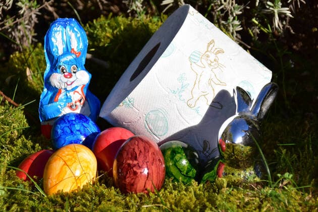 Osternest mit Rolle Toilettenpapier Osternest mit einer Rolle Toilettenpapier mit Osterhasenmotiv. MitEiern und Osterhase auf Moos. Bad Laer Niedersachsen Deutschland