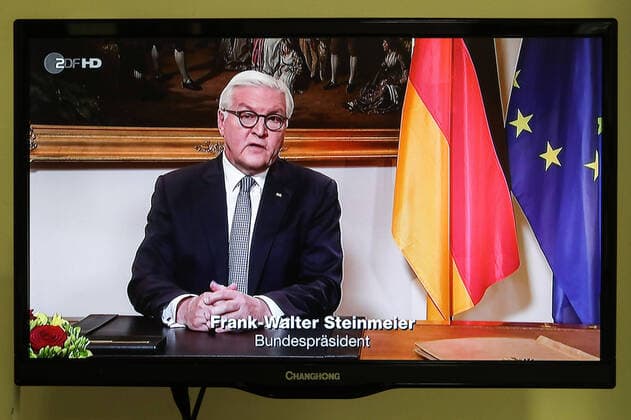 (200411) -- BERLIN, April 11, 2020 -- Photo taken on April 11, 2020 shows German President Frank-Walter Steinmeier delivering a televised speech on COVID-19, in Berlin, capital of Germany. The coronavirus pandemic has placed Germany at a crossroads that will determine whether it recedes into fearfulness or becomes a more considerate and hopeful society, German President Frank-Walter Steinmeier said. According to the Robert Koch Institute, almost 120,000 people in Germany have tested positive for the coronavirus, and more than 2,500 have died as of Friday midnight. ) GERMANY-BERLIN-STEINMEIER-COVID-19-TELEVISED SPEECH ShanxYuqi