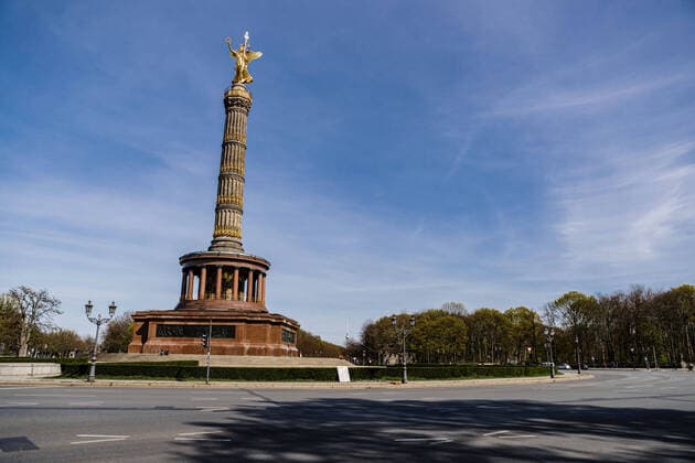 (200412) -- BERLIN, April 12, 2020 (Xinhua) -- Empty streets are seen near the Berlin Victory Column in Berlin, capital of Germany, April 11, 2020. According to the Robert Koch Institute, almost 120,000 people in Germany have tested positive for the coronavirus, and more than 2,500 have died as of Friday midnight. (Photo by Binh Truong Xinhua) GERMANY-BERLIN-COVID-19 