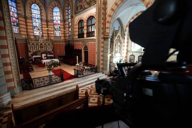 PXL_Easter Mass 12.04.2020., Sarajevo, Bosnia and Herzegovina - The Easter Mass in the empty Cathedral of Jusus Sacred Heart served by Archbishop Cardinal Vinko Puljic.The faithful could follow mass through state television becuse of pandemic of the coronavirus ArminxDurgut PIXSELL