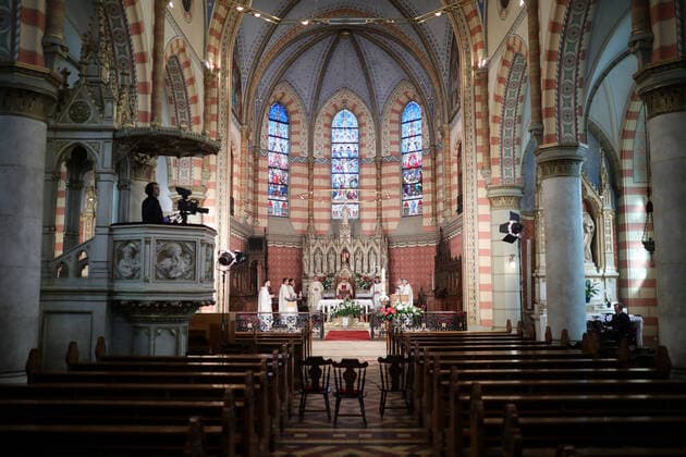 PXL_Easter Mass 12.04.2020., Sarajevo, Bosnia and Herzegovina - The Easter Mass in the empty Cathedral of Jusus Sacred Heart served by Archbishop Cardinal Vinko Puljic.The faithful could follow mass through state television becuse of pandemic of the coronavirus ArminxDurgut PIXSELL