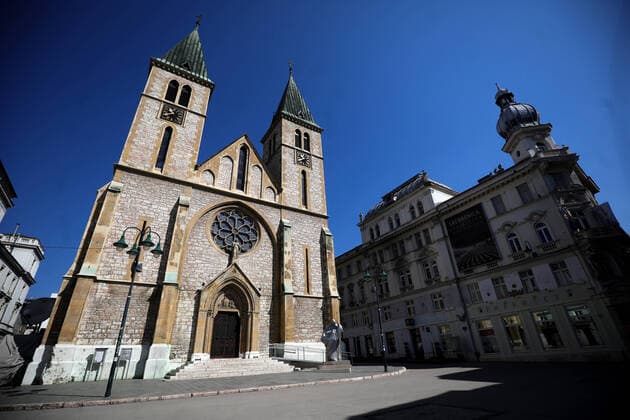 PXL_Easter Mass 12.04.2020., Sarajevo, Bosnia and Herzegovina - The Easter Mass in the empty Cathedral of Jusus Sacred Heart served by Archbishop Cardinal Vinko Puljic.The faithful could follow mass through state television becuse of pandemic of the coronavirus ArminxDurgut PIXSELL