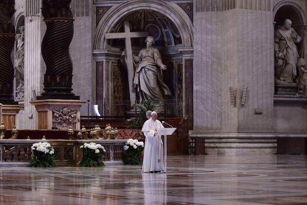 April 12, 2020 - Vatican City, Holy See - POPE FRANCIS celebrates Easter mass in an empty St. Peter s Basilica. After the mass Pope Francis delivers the blessing Urbi et Orbi . Credit Image: via ZUMA Wire) Italy - ZUMAi15_ 20200412_zaf_i15_041 Copyright: xEvandroxInettix
