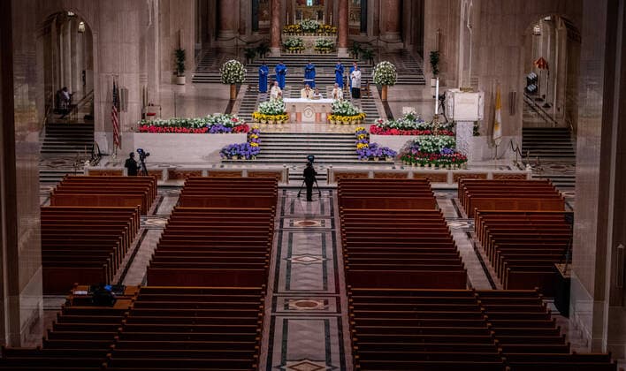 Archbishop of Washington Wilton Daniel Gregory (C) holds Easter mass to a virtual congregation at the Basilica of the National Shrine of the Immaculate Conception, in Washington, DC, Sunday, April 12, 2020. The Archdiocese of Washington DC closed the Basilica to the public and live-streamed the mass due to the coronavirus COVID-19 pandemic.  WAP20200412329 KEVINxDIETSCH