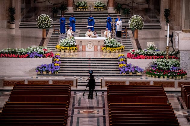 Archbishop of Washington Wilton Daniel Gregory (C) holds Easter mass to a virtual congregation at the Basilica of the National Shrine of the Immaculate Conception, in Washington, DC, Sunday, April 12, 2020. The Archdiocese of Washington DC closed the Basilica to the public and live-streamed the mass due to the coronavirus COVID-19 pandemic.  WAP20200412328 KEVINxDIETSCH