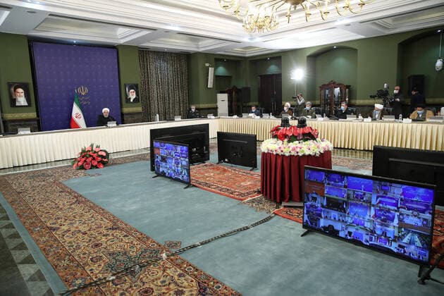 April 12, 2020, Tehran, Iran: A handout picture provided by the on April 12, 2020, shows Iranian President, HASSAN ROUHANI, chairing a cabinet session in the capital Tehran. Iran announced 117 new deaths from the novel coronavirus, bringing the overall official toll to 4,474, even as it eased some restrictions that had been imposed to slow the spread of the illness. Tehran Iran - ZUMAi98_ 20200412_zih_i98_001 Copyright: xIranianxPresidencyx