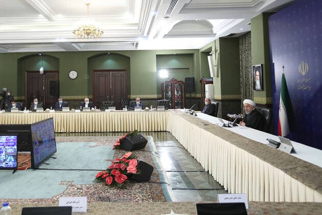 April 12, 2020, Tehran, Iran: A handout picture provided by the on April 12, 2020, shows Iranian President, HASSAN ROUHANI, chairing a cabinet session in the capital Tehran. Iran announced 117 new deaths from the novel coronavirus, bringing the overall official toll to 4,474, even as it eased some restrictions that had been imposed to slow the spread of the illness. Tehran Iran - ZUMAi98_ 20200412_zih_i98_002 Copyright: xIranianxPresidencyx