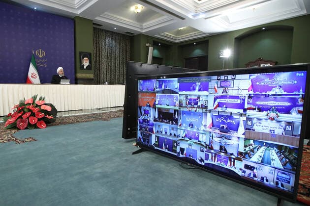 April 12, 2020, Tehran, Iran: A handout picture provided by the on April 12, 2020, shows Iranian President, HASSAN ROUHANI, chairing a cabinet session in the capital Tehran. Iran announced 117 new deaths from the novel coronavirus, bringing the overall official toll to 4,474, even as it eased some restrictions that had been imposed to slow the spread of the illness. Tehran Iran - ZUMAi98_ 20200412_zih_i98_011 Copyright: xIranianxPresidencyx