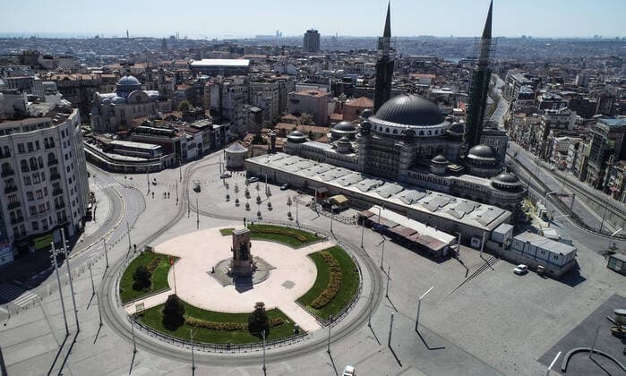 Normally busy but now mostly deserted Taksim Square in Istanbul after the curfew declared by the government to slow coronavirus spread, Sunday, April 12, 2020. Copyright: TolgaxAdanali 16719058