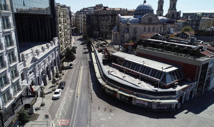 Normally busy but now mostly deserted Taksim Square in Istanbul after the curfew declared by the government to slow coronavirus spread, Sunday, April 12, 2020. Copyright: TolgaxAdanali 16719059