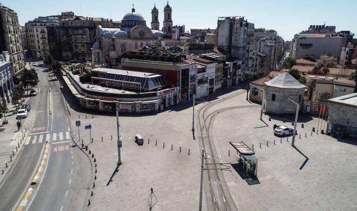 Normally busy but now mostly deserted Taksim Square in Istanbul after the curfew declared by the government to slow coronavirus spread, Sunday, April 12, 2020. Copyright: TolgaxAdanali 16719065