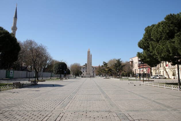 Normally busy but now mostly deserted historical Peninsula of Istanbul after the curfew declared by the government to slow coronavirus spread, Sunday, April 12, 2020. Blue Mosque (Sultanahmet), Hagia Sofia (Ayasofya) and Topkapi Palace with Sultanahmet Square is now empty. Copyright: TolgaxAdanali 16719112