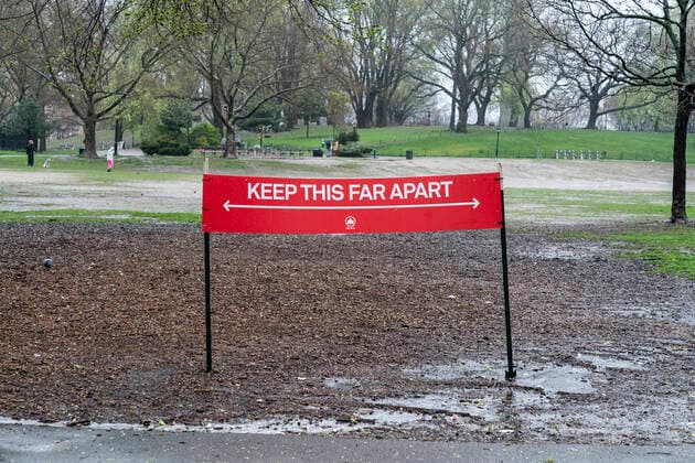 Live in NYC amid COVID-19 pandemic Sign showing social distance measure seen in Fort Greene Park amid COVID-19 pandemic New York New York United States Copyright: LevxRadin