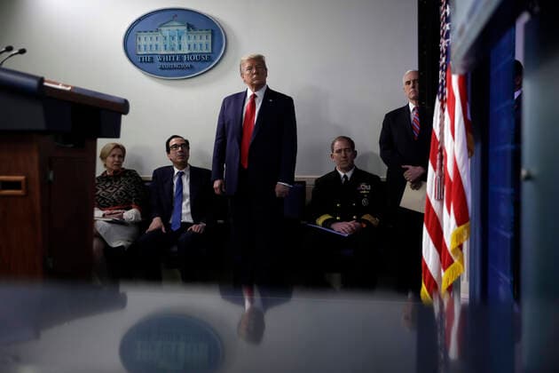 United States President Donald J. Trump stands with the Coronavirus Task Force leads a press briefing at the White House in Washington on April 13, 2020. From left to right: Dr. Deborah L. Birx, White House Coronavirus Response Coordinator; US Secretary of the Treasury Steven T. Mnuchin; the President; Rear Admiral John P. Polowczyk, Vice Director, J4, Joint Staff; and US Vice President Mike Pence. Copyright: xYurixGripasx xPoolxviaxCNPx MediaPunchx