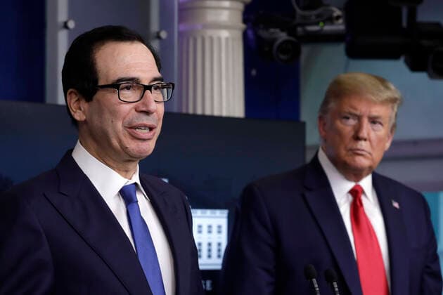 United States Secretary of the Treasury Steven T. Mnuchin speaks next to US President Donald J. Trump at the Coronavirus Task Force press briefing at the White House in Washington on April 13, 2020. Copyright: xYurixGripasx xPoolxviaxCNPx MediaPunchx