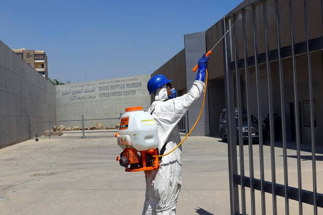 (200413) -- GIZA (EGYPT), April 13, 2020 (Xinhua) -- A worker sprays disinfectant in the Grand Egyptian Museum (GEM) in Giza, Egypt, on April 13, 2020. Egypt reported on Monday 125 new COVID-19 infections and five deaths, bringing the death toll in the country to 164, while the number of the confirmed cases jumped to 2,190. (Xinhua Ahmed Gomaa) EGYPT-GIZA-GRAND EGYPTIAN MUSEUM-COVID-19-MEASURES 