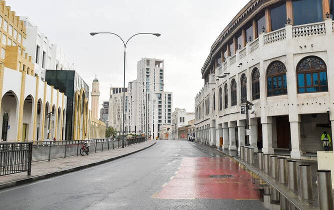 (200414) -- DOHA, April 14, 2020 (Xinhua) -- Photo taken on April 13, 2020 shows a view of an empty street amid the COVID-19 pandemic in Doha, capital of Qatar. (Photo by Nikku Xinhua) QATAR-DOHA-COVID-19 