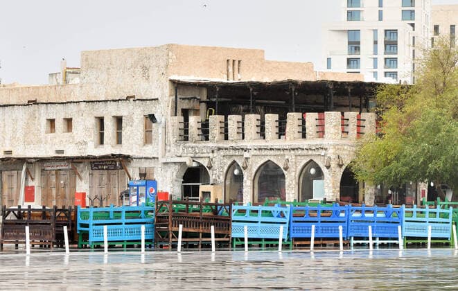 (200414) -- DOHA, April 14, 2020 (Xinhua) -- Tables and chairs are stacked in front of the restaurants at the Souq Waqif market amid the COVID-19 pandemic in Doha, capital of Qatar, April 13, 2020. (Photo by Nikku Xinhua) QATAR-DOHA-COVID-19 