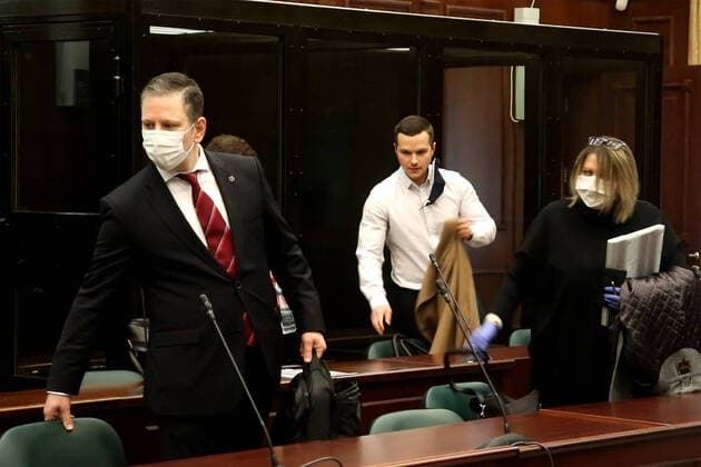 MOSCOW, RUSSIA - APRIL 14, 2020: A video screen grab shows participants in a hearing at the Moscow City Court to reconsider activist Konstantin Kotov s appeal against his sentence; Kotov was sentenced to four years in prison in September 2019, on charges of multiple violations of rally regulations. Best quality available. Moscow City Court Press Office TASS  TS0D5A35
