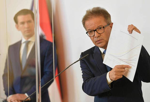 photonews.at APA ROLAND SCHLAGER Handout - Corona Virus Krise - Wien 14.04.2020 - Heute am Vormittag fand im Bundeskanzleramt eine Pressekonferenz mit der Regierungsspitze statt bei der es um den aktuellen Stand bei dem sich immer weiter verbreitenden Coronavirus ging. Es wurden u.a. die Maskenpflicht auf den öffentlichen Personennahverkehr ausgeweitet ebenfalls dürfen ab heute Geschäfte unter 400 qm sowie Garten- und Baumärkte unter Bedingungen wieder öffnen . Wegen der Maßnahmen zur Eindämmung des Coronavirus ist die Regierung hinter neu augestellten Glasfronten aufgetreten und auch die Teilnahme von Medien an den Pressekonferenzen ist weiterhin sehr einschgeschränkt. PHOTO: (v.L.) Bundeskanzler Sebastian Kurz (ÖVP), Gesundheitsminister Rudolf Anschober (Grüne), während der PK. Vienna (AUSTRIA) - Corona virus crisis - A press confe 