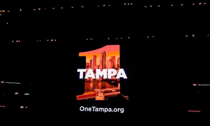 April 14, 2020, Tampa, Florida, USA: The logo on the center ice display as Tampa Mayor Jane Castor unveils emergency relief fund One Tampa, supported by the Tampa Bay Lightning, the Bucs and the Rays, at center ice at Amalie Arena on Tuesday, April 14, 2020 in Tampa. The program will aid needy residents and small businesses during the coronavirus crisis. Tampa USA - ZUMAs70_ 20200414_zan_s70_012 Copyright: xDirkxShaddx
