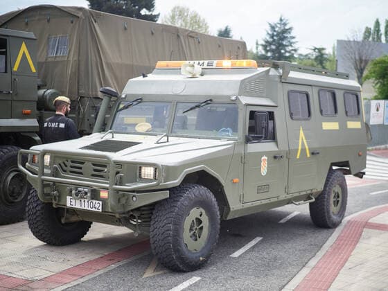 April 14, 2020, Pamplona, Navarra, SPAIN: UME battalion after disinfecting a psychogeriatric in Pamplona during the coronavirus pandemic COVID19 and the Alarm State in Pamplona, Spain, on April 14, 2020. Pamplona SPAIN - ZUMAa181 20200414_zaa_a181_009 Copyright: xEduardoxSanzx