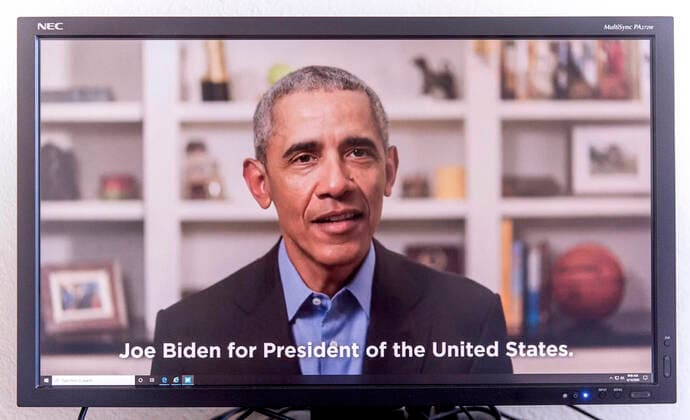 April 14, 2020, Washington, District of Columbia, USA: A screengrab of former President BARACK OBAMA issuing his endorsement of 2020 Democratic presidential candidate Joe Biden. Washington U.S. - ZUMAce6_ 20200414_zaf_ce6_001 Copyright: xBrianxCahnx