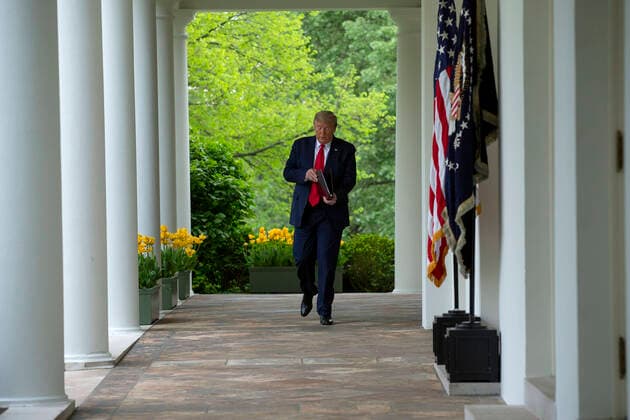 April 14, 2020, Washington, District of Columbia, USA: United States President Donald J. Trump arrives to a news conference in the Rose Garden of the White House in Washington D.C., U.S. on Tuesday, April 14, 2020. Trump announced that he has instructed his administration to halt funding to WHO, the World Health Organization. Washington USA - ZUMAs152 20200414_zaa_s152_045 Copyright: xStefanixReynoldsx