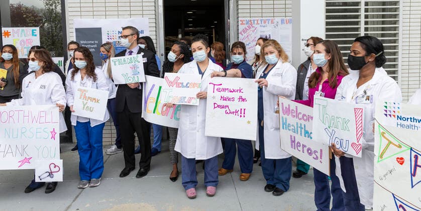 Northwell Institute for Nursing welcomes nurses Northwell Institute for Nursing welcomes 46 Cross Country nurses who crossed America to support local nursing staff New Hyde Park New York United States Copyright: LevxRadin