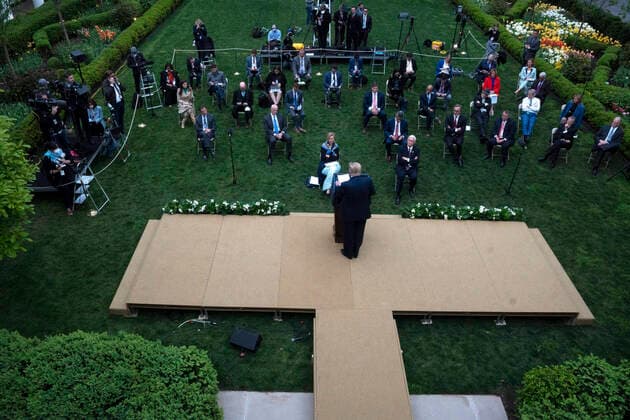 April 14, 2020, Washington, District of Columbia, USA: United States President Donald J. Trump delivers remarks during a news conference in the Rose Garden of the White House in Washington D.C., U.S. on Tuesday, April 14, 2020. Trump announced that he has instructed his administration to halt funding to WHO, the World Health Organization. Washington USA - ZUMAs152 20200414_zaa_s152_083 Copyright: xStefanixReynoldsx