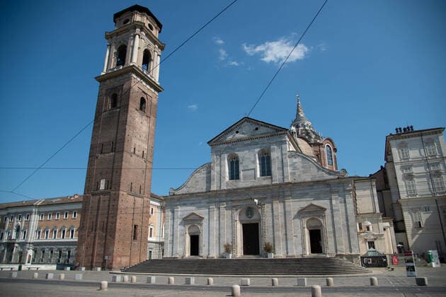 Italy: Turin lockdown 14th April 2020 A view shows Duomo and a deserted Turin on April 14, 2020 in Italy, during the country s lockdown aimed at curbing the spread of the COVID-19 infection, caused by the novel coronavirus. Turin Piedmont Turin Italy Copyright: AlbertoxGandolfo