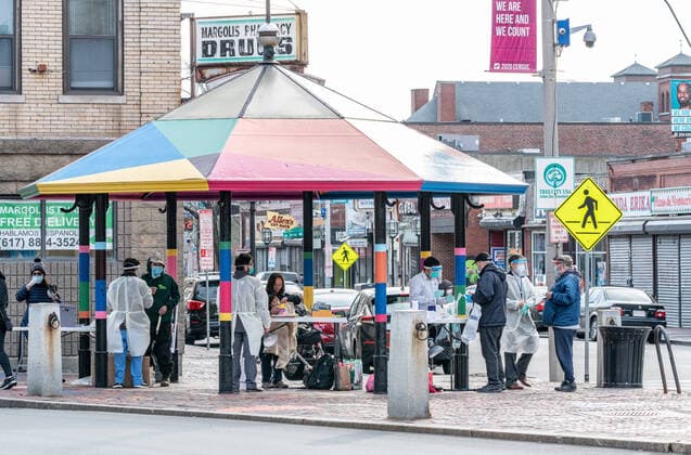 April 14, 2020, Chelsea, Massachusetts,USA: The rapid blood fingerstick study site, sponsored by Partners Health Care, not-for-profit health care system. The study is to measure the prevalence of COVID-19 in Chelase, Massacusetts. Chelsea leaders said on March 9, that Chelsea currently has a higher rate of infection than New York City. More than 60% of residents of Chelsea are Latino, and almost half are immigrants.  (125344570)