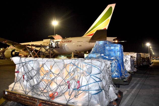 (200415) -- JOHANNESBURG, April 15, 2020 -- The medical supplies donated by China arrive at Or Tambo International Airport in Johannesburg, South Africa, April 14, 2020. South Africa received the medical supplies donated by China to help with the fight against COVID-19, according to the Department of International Relations and Cooperation. The supplies arrived Monday night at Or Tambo International Airport in Johannesburg and were received on Tuesday by Health Minister Mkhize and Naledi Pandor, Minister of International Relations and Cooperation. (Chinese Embassy to South Africa Handout via Xinhua) SOUTH AFRICA-JOHANNESBURG-CHINA-MEDICAL SUPPLIES-DONATION-COVID-19 ChenxCheng 