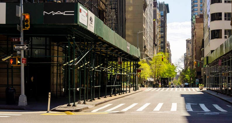 New York during the COVID-19 pandemic Empty Lower Fifth Avenue in the Flatiron District in New York on Wednesday, April 15, 2020 during the COVID-19 pandemic. (  RichardxB.xLevine