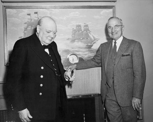 World War II picture shows UK Prime Minister Winston Churchill and U.S. President Harry S. Truman during a moment on the Presidential Yacht. Copyright: JohnxParrot StocktrekxImages JPA500051A