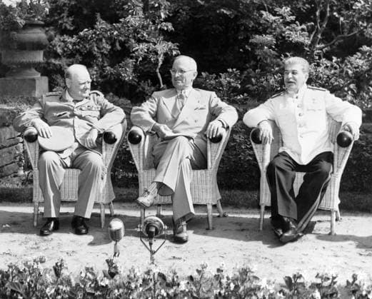 July 25, 1945 - World War II photograph featuring the allied leaders during the Potsdam Conference (from left to right); British Prime Minister Winston Churchill, U.S. President Harry S. Truman and Soviet Premier Joseph Stalin. Copyright: JohnxParrot StocktrekxImages JPA500124A