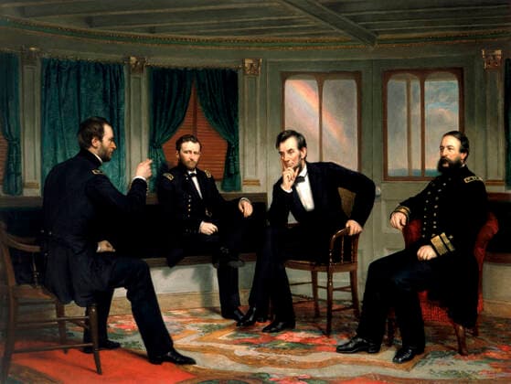 Civil War painting of The Peacemakers, by George P.A. Healy, depicting the historic meeting of the Union High Command during The American Civil War. Featured in the painting are General William Tecumseh Sherman, General Ulysses S. Grant, President Abraham Lincoln, and Rear Admiral David Dixon Porter. The strategy session took place on Grant s private dispatch boat, The River Queen. Copyright: VernonxLewisxGallery StocktrekxImages JPA500373A