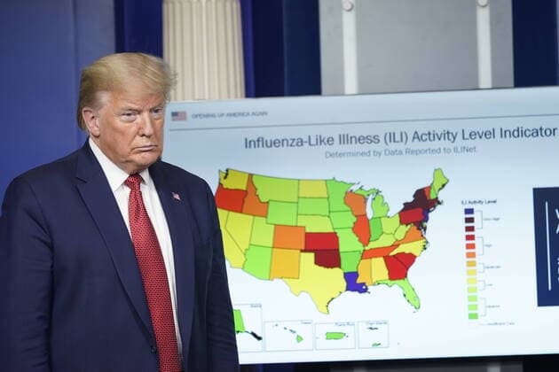 April 16, 2020, Washington, District of Columbia, USA: United States President Donald J. Trump looks at a chart as he participates in a news briefing with members of the Coronavirus Task Force at the White House in Washington, DC on April 16, 2020. .Credit: Pool via CNP Washington USA - ZUMAs152 20200416_zaa_s152_055 Copyright: xChrisxKleponisx