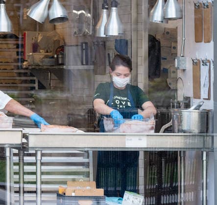 April 17, 2020, Boston, Massachusetts, USA: Staff at Porto restaurant working in the kitchen at Porto in Boston. Porto, co-owned by James Beard Award-winning Chef Jody Adams is one of the restaurants working with Off their Plate program to deliver meals to front line workers at hospitals and with Restaurant Relief Program to bring meals to the unemployed restaurant workers. Porto has closed its door to the public since Massachusetts Governor Charlie Baker s order of shutdown of all Massachusetts restaurants and bars on March 17.  (125465124)