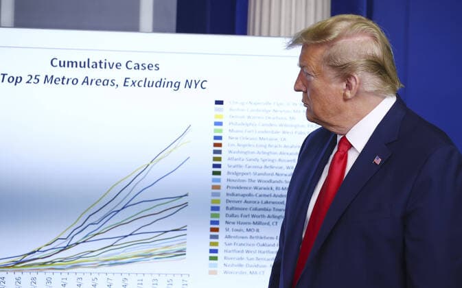 President Donald Trump looks at a chart during a Corona virus briefing at the White House in Washington, D.C. on Saturday, April 18, 2020.  WAS202018533 TASOSxKATOPODIS