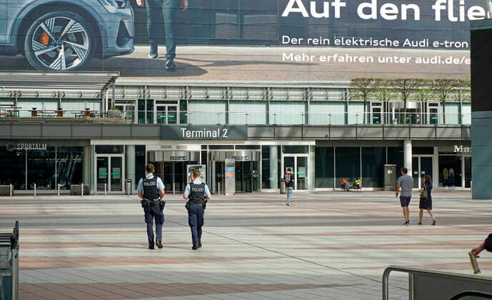 19.04.2020, Die Bayerische Landeshauptstadt München in Zeiten der Corona-Krise. Flughafen München an einem Samstag Nachmittag, statt tausender Passagiere und Urlauber ist der Airport jetzt Menschenleer. Polizisten bewachen den Flughafen hier am MAC, München Airport Center 19.04.2020, Bayerische Landeshauptstadt München in Zeiten von Corona 19.04.2020, Bayerische Landeshauptstadt München in Zeiten von Corona