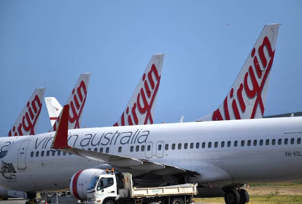 VIRGIN AUSTRALIA VOLUNTARY ADMINISTRATION, Virgin Australia planes parked on the tarmac at Adelaide Airport in Adelaide, Tuesday, April 21, 2020. The airline has gone into voluntary administration. ( NO ARCHIVING, EDITORIAL USE ONLY, NO USE IN BOOKS WITHOUT CONSENT ADELAIDE SA AUSTRALIA  Copyright: xDAVIDxMARIUZx 20200421001464502640