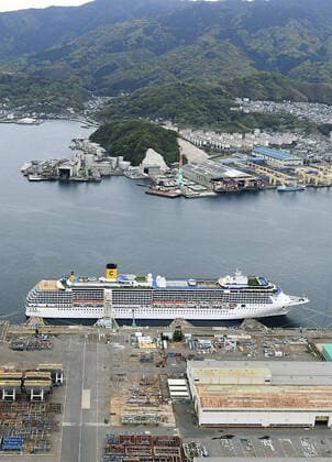 New coronavirus Photo taken from a Kyodo News helicopter on April 21, 2020, shows the Costa Atlantica cruise ship anchored at a port in Nagasaki, southwestern Japan. Testing continues after a novel coronavirus infection was confirmed the previous day on the vessel that docked at the port Jan. 29, carrying 623 crew members and no passengers. 