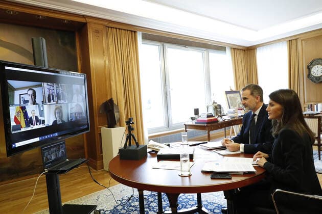21-04-2020 Madrid Queen Letizia and King Felipe attends a videoconference with CSIC researchers in the context of the coronavirus outbreak COVID19 at Zarzuela Palace in Madrid, Spain  Copyright: xPPEx