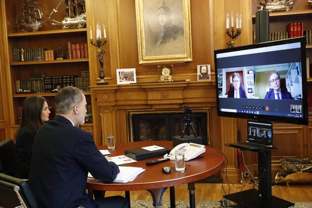 21-04-2020 Madrid Queen Letizia and King Felipe attends a videoconference with Farmaindustria in the context of the coronavirus outbreak COVID19 at Zarzuela Palace in Madrid, Spain  Copyright: xPPEx