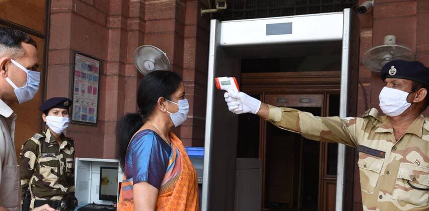 NEW DELHI, INDIA - APRIL 21: Union Finance Minister Nirmala Sitharaman undergoes thermal screening at Finance Ministry, North block during lockdown, on April 21, 2020 in New Delhi, India. (Photo by Arvind Yadav Hindustan Times) Union Ministries Operate Partially Amid Nationwide Lockdown To Curb Spread Of Coronavirus Covid-19