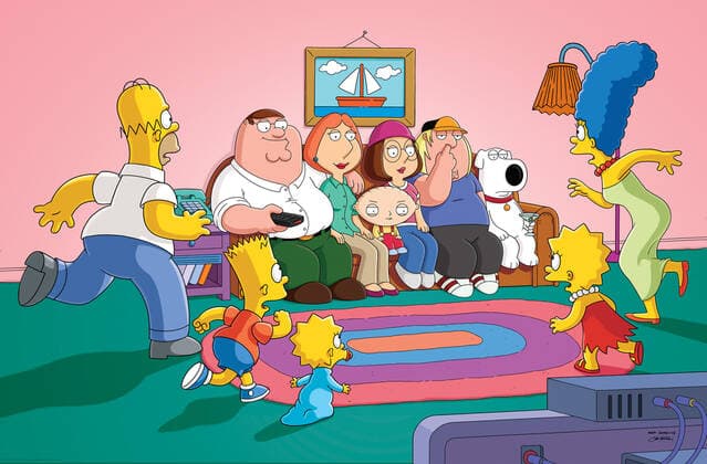 FAMILY GUY, (rear, from left): Peter Griffin, Lois Griffin, Stewie Griffin, Meg Griffin, Chris Griffin, Brian (dog), (front): Homer Simpson, Bart Simpson, Maggie Simpson, Lisa Simpson, Marge Simpson, The Simpsons Guy , (Season 13, ep. 1301, aired Sept. 28, 2014). TM and Copyright 20th Century Fox Film Corp. All rights reserved. courtesy Everett Collection 20thCentFox Courtesy Everett Collection !ACHTUNG AUFNAHMEDATUM GESCHÃ„TZT! PUBLICATIONXNOTxINxCANxCHNxFRAxITAxJPNxNORxPOLxRUSxESPxUKxUSA Copyright: x20thCentFox CourtesyxEverettxCollectionx TCDFAGU FE210