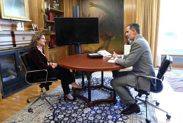 22-04-2020 Madrid King Felipe during a meeting with Teresa Ribera, Vice Presdent and Environment Minister, in the context of the coronavirus outbreak COVID19 at Zarzuela Palace in Madrid, Spain  Copyright: xPPEx