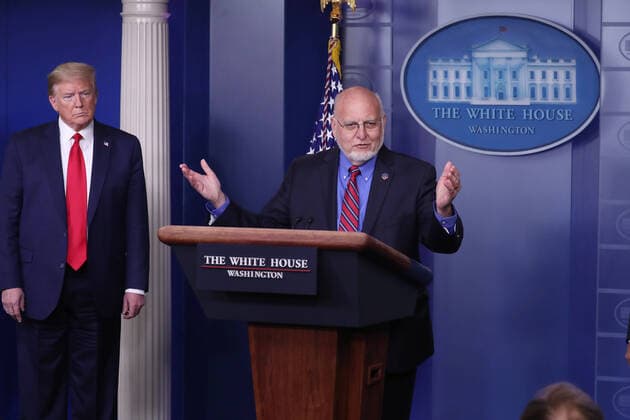 US President Donald J. Trump (L) listens as CDC Director Robert Redfield speaks with the Coronavirus Task Force, delivers remarks on the COVID-19 pandemic in the James S. Brady Press Briefing Room of the White House in Washington, DC, USA, 22 April 2020. Copyright: xMichaelxReynoldsx-xPoolxviaxCNPx MediaPunchx